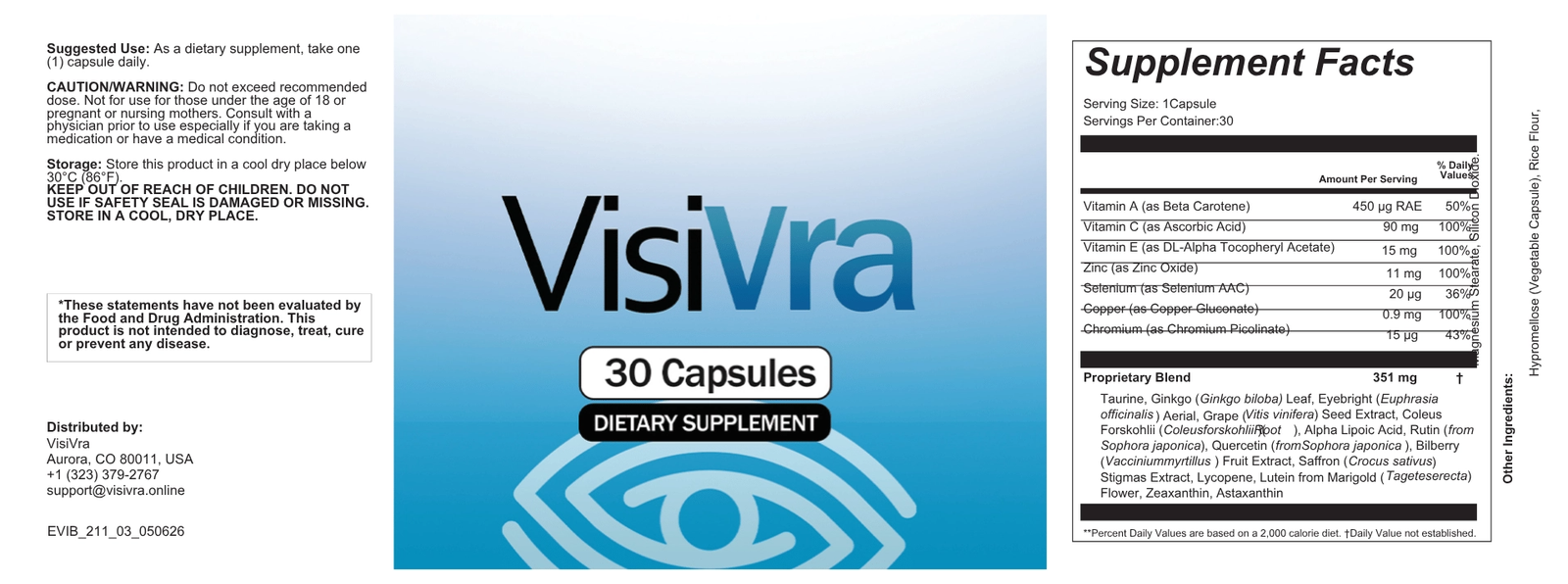 VisiVra supplement facts label